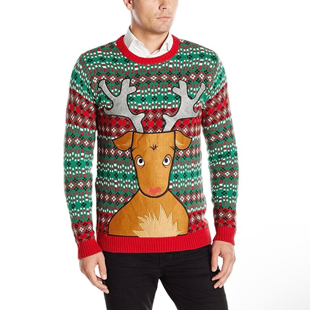 For Men - Ugly Christmas Festive Reindeer Sweater -‎ Red and Green, L
